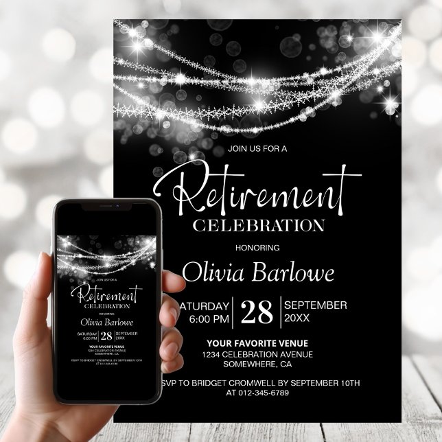 Stylish String Lights Black Retirement Party Invitation (Creator Uploaded)