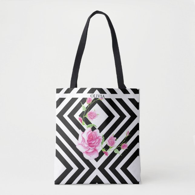 Stylish Striped | Pink Rose  Tote Bag (Front)