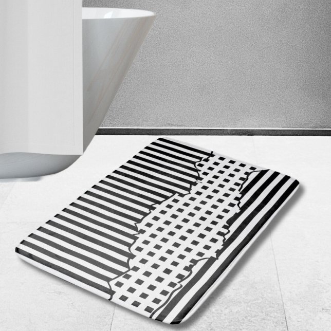 Stylish Stripes Irregular Tiles Black & White Bath Mat (Stylish Stripes Net Layered Black & White Bath Mat)