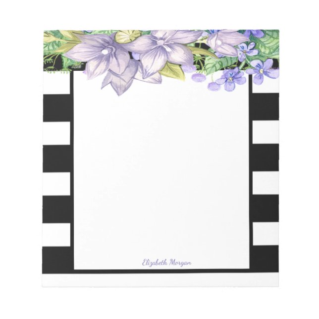 Stylish Stripes, Watercolor Flowers- Personalized Notepad (Front)
