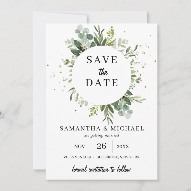Stylish succulent greenery wedding save the date (Front)