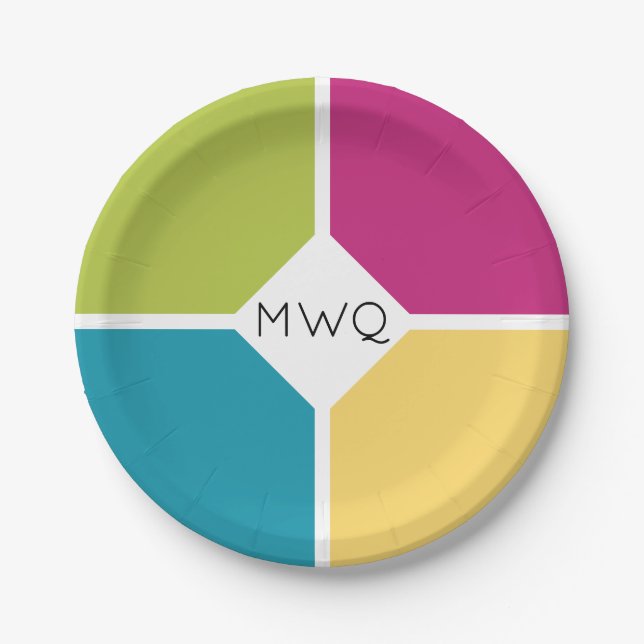 Stylish SUMMER COLORS Quadrants Monogram Paper Plate (Front)