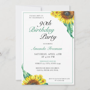 Stylish Sunflower 90th Birthday Invitation