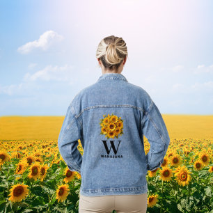 Stylish Sunflower Black Monogram Women's Custom Denim Jacket
