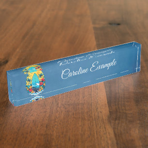 Stylish surfboard with lush tropical flowers. nameplate