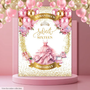 Stylish Sweet 16 Backdrop Pink Dress Gold Tiara Tapestry