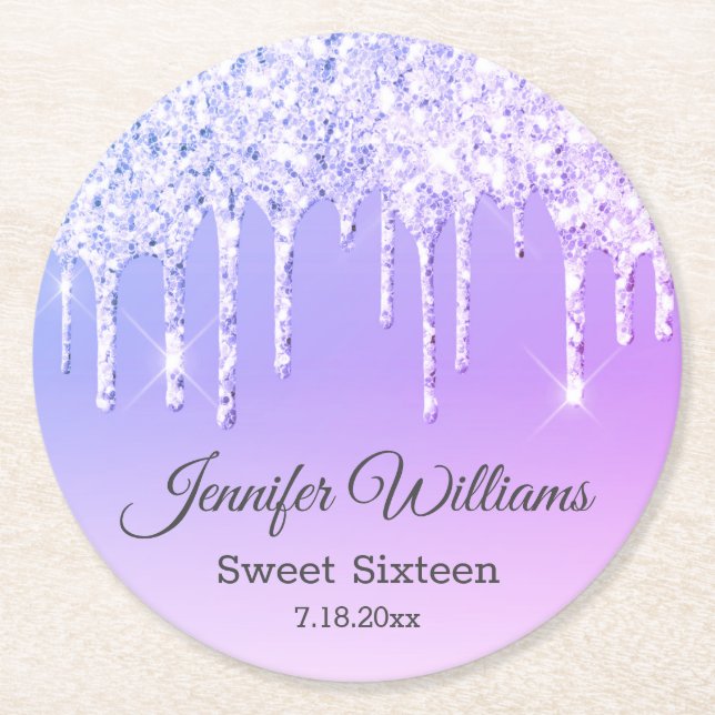 stylish sweet 16 purple dripping glitters chic round paper coaster (Front)