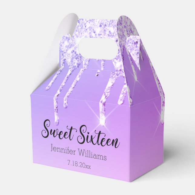 stylish sweet 16 purple silver dripping glitters   favor box (Front Side)