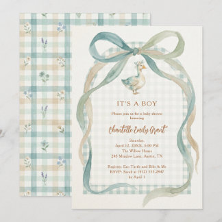 Stylish Sweet Teal Bow Goose Baby Shower TMF26 Invitation