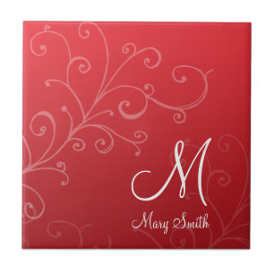 Stylish Swirl Custom Monogram Red Tile