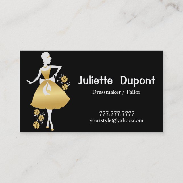 Stylish Tailor Dressmaker black Business Card (Front)