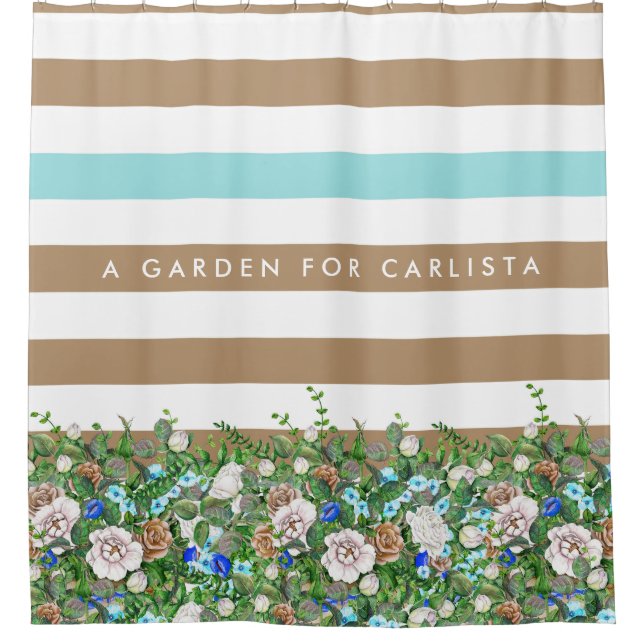 Stylish Tan and Aqua Flowers and Stripes With Name (Front)