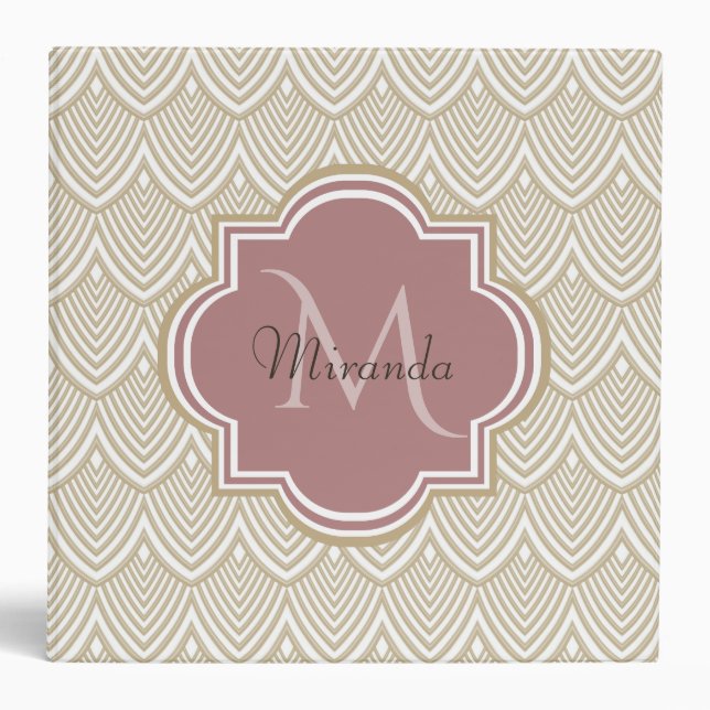 Stylish Tan Arched Scallops Mauve Monogram Name Binder (Front)