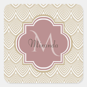 Stylish Tan Arched Scallops Mauve Monogram Name Square Sticker