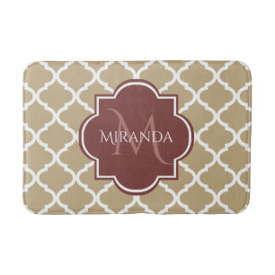 Stylish Tan Quatrefoil Burgundy Monogram and Name Bath Mat