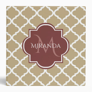 Stylish Tan Quatrefoil Burgundy Monogram and Name Binder