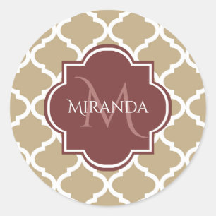 Stylish Tan Quatrefoil Burgundy Monogram and Name Classic Round Sticker