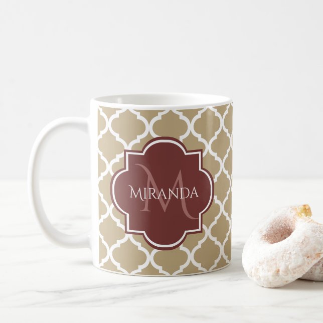 Stylish Tan Quatrefoil Burgundy Monogram and Name Coffee Mug (With Donut)