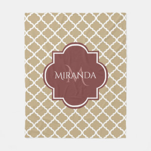 Stylish Tan Quatrefoil Burgundy Monogram and Name Fleece Blanket