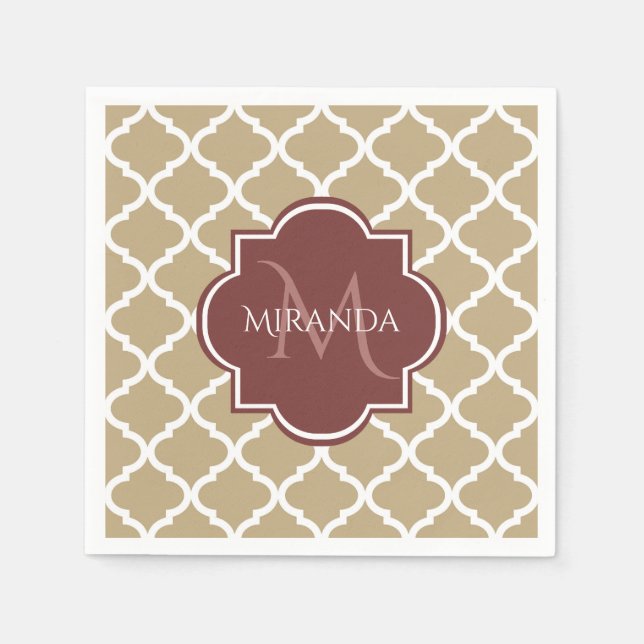 Stylish Tan Quatrefoil Burgundy Monogram and Name Napkin (Front)