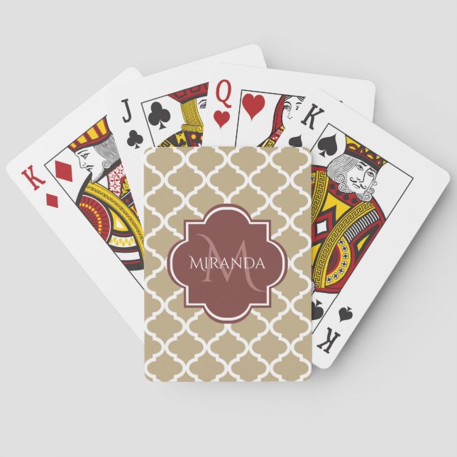 Stylish Tan Quatrefoil Burgundy Monogram and Name Playing Cards (Back)