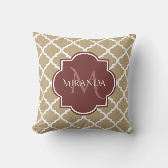 Stylish Tan Quatrefoil Burgundy Monogram and Name Throw Pillow (Front)