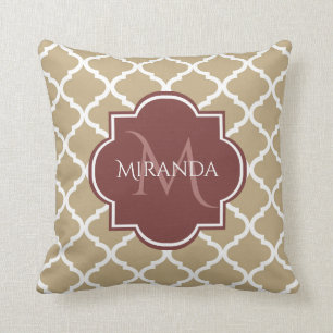 Stylish Tan Quatrefoil Burgundy Monogram and Name Throw Pillow