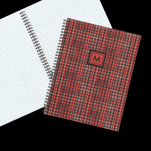 Stylish Tartan Red And Black Tan Plaid Monogram Notebook
