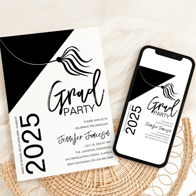 Stylish Tassel | Black & White Graduation Invitation (Creator Uploaded)