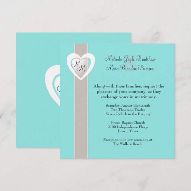 Stylish Taupe and Aqua Blue Wedding Invitation (Front/Back)
