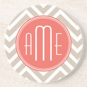Stylish Taupe and Coral Custom Monogram Coaster