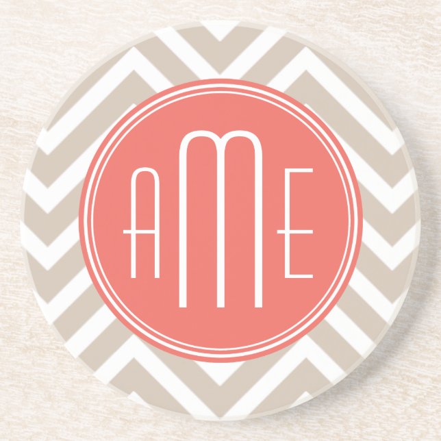 Stylish Taupe and Coral Custom Monogram Coaster (Front)