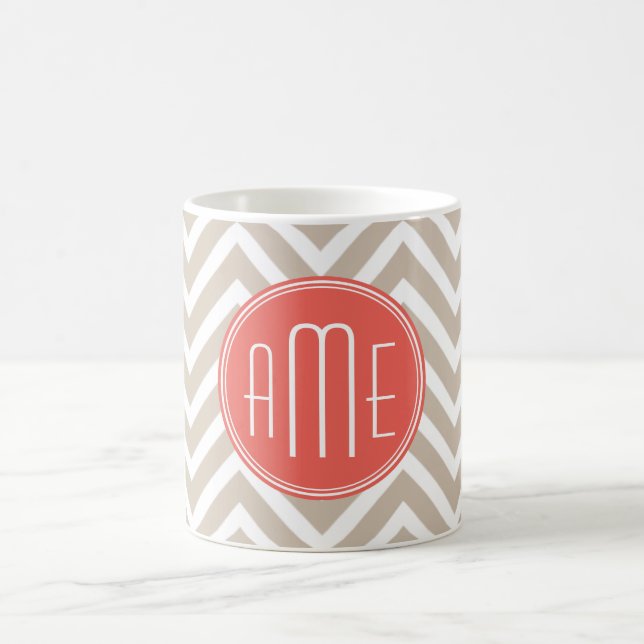 Stylish Taupe and Coral Custom Monogram Coffee Mug (Center)