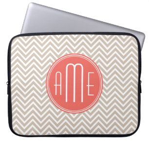 Stylish Taupe and Coral Custom Monogram Laptop Sleeve