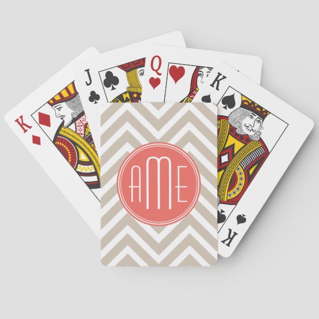 Stylish Taupe and Coral Custom Monogram Playing Cards (Back)