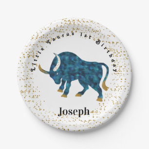 Stylish Taurus 1st Birthday & Gold Confetti  Paper Plate