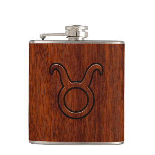 Stylish Taurus Zodiac Sign on Mahogany like print Hip Flask