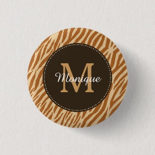 Stylish Tawny Brown Zebra Print Monogram and Name 1 Inch Round Button