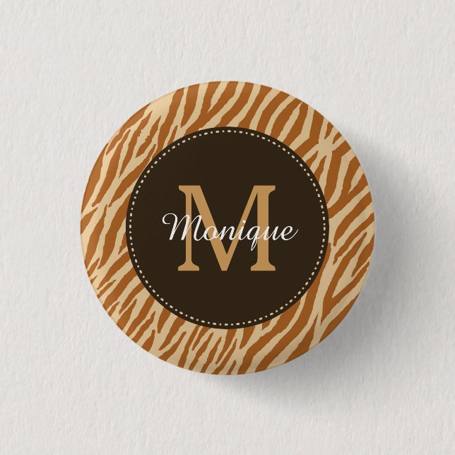 Stylish Tawny Brown Zebra Print Monogram and Name 1 Inch Round Button (Front)