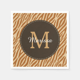 Stylish Tawny Brown Zebra Print Monogram and Name Napkin