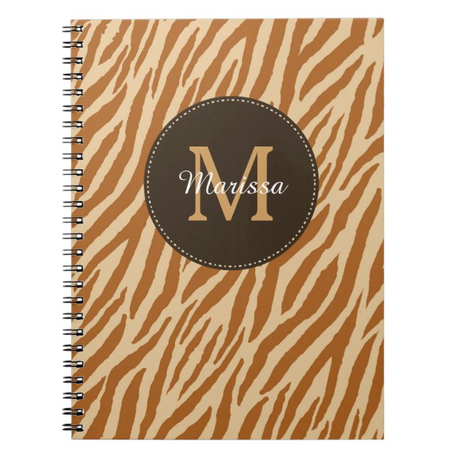 Stylish Tawny Brown Zebra Print Monogram and Name Notebook (Front)