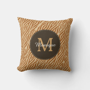 Stylish Tawny Brown Zebra Print Monogram and Name Throw Pillow
