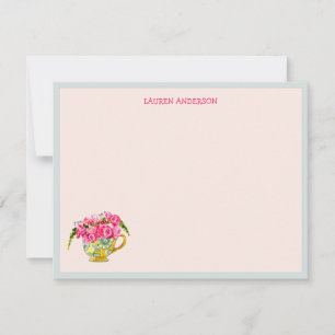 Stylish Tea cup with pink roses flat Thank you Card