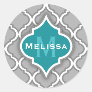 Stylish Teal and Grey Moroccan Tile Pattern Classic Round Sticker