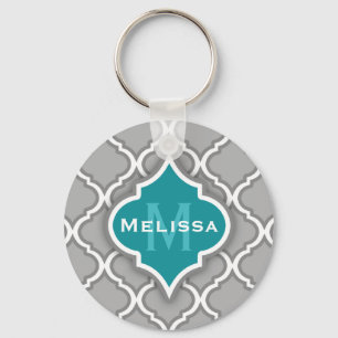 Stylish Teal and Grey Moroccan Tile Pattern Keychain