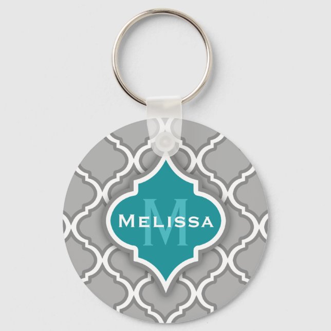 Stylish Teal and Grey Moroccan Tile Pattern Keychain (Front)