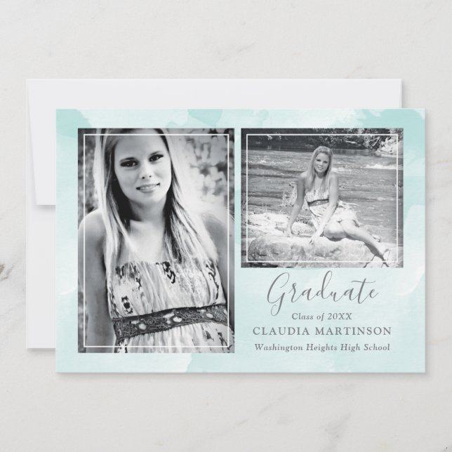 Stylish Teal Background Two Photo Graduation Announcement (Front)