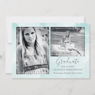 Stylish Teal Background Two Photo Graduation Announcement