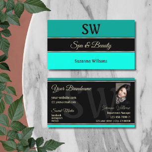 Stylish Teal Black Stripes with Monogram and Photo Business Card