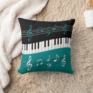 Stylish Teal Black White Piano Keys and Notes Throw Pillow